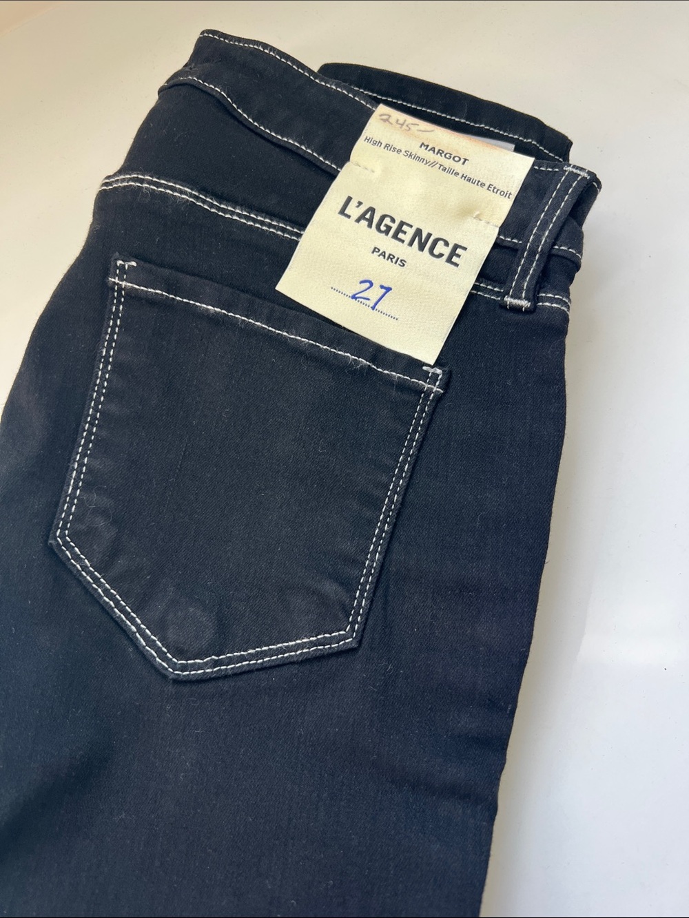 L'AGENCE Margot High-Rise Skinny Jeans in Black with White Contrast Stitching